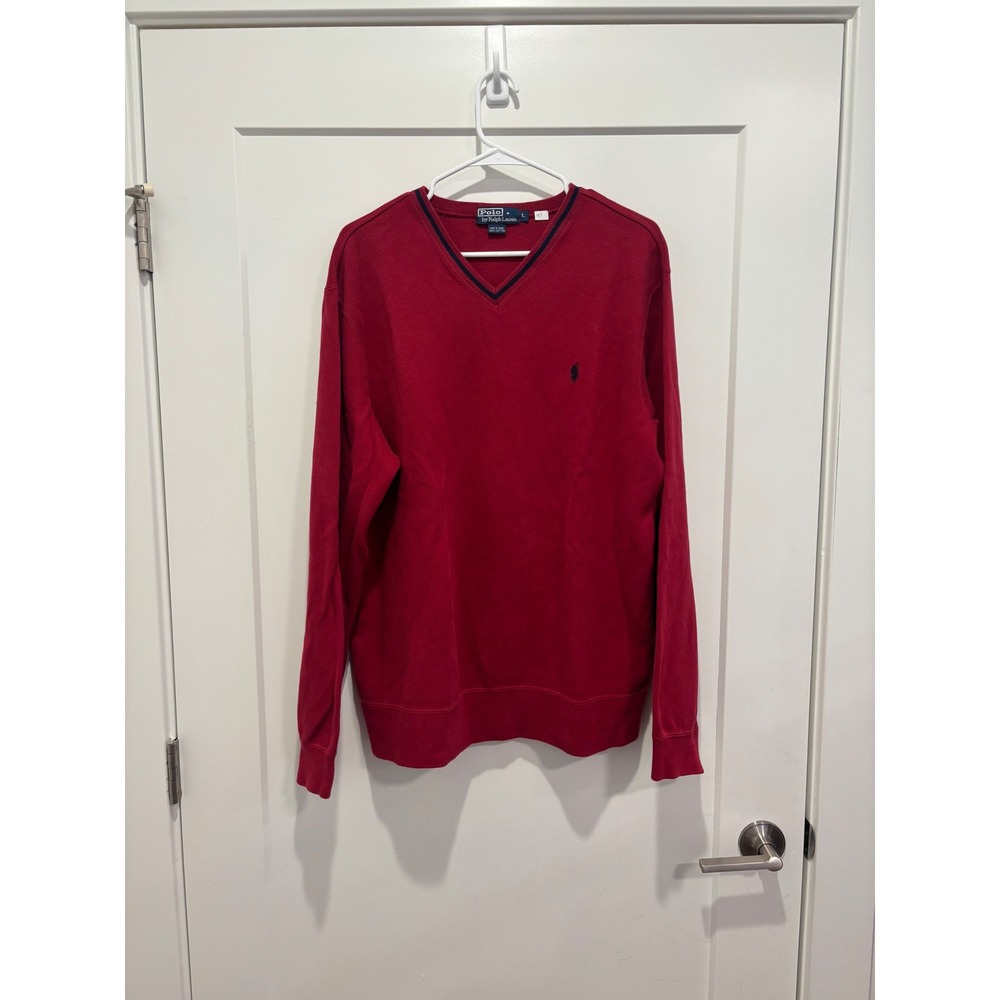 Polo Ralph Lauren Mens Red V-Neck Cotton Sweater Large Navy Tipped Logo